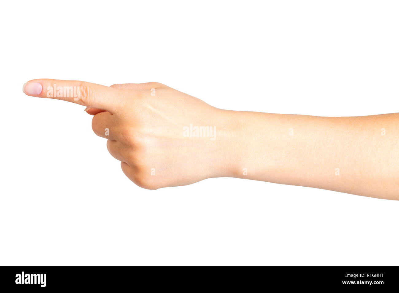 Frau Hand mit aufwärts gerichtetem Zeigefinger oder Richtung Stockfoto