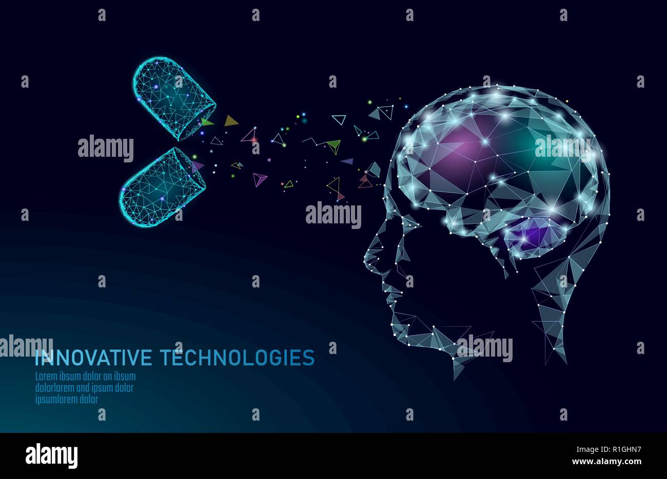 Gehirn Behandlung Low Poly 3D-Render. Droge nootropische menschliche Fähigkeit Reizmittel smart der psychischen Gesundheit. Medizin kognitive Rehabilitation in Alzheimer und Demenz Patienten Vector Illustration Stock Vektor