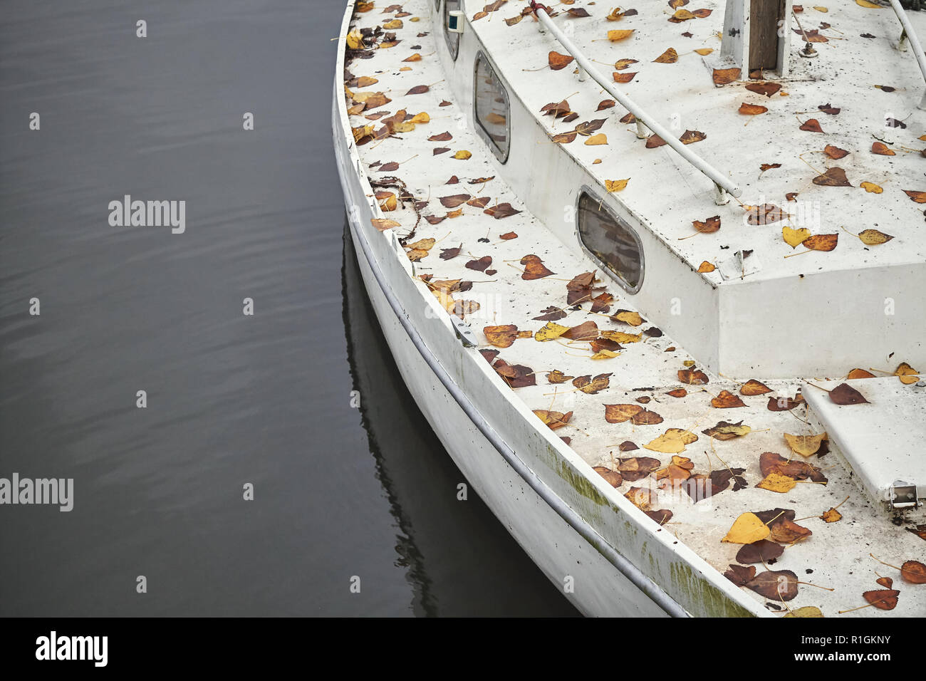 Old Yacht mit herbstlichen Blättern bedeckt, gedämpfte Farben. Stockfoto