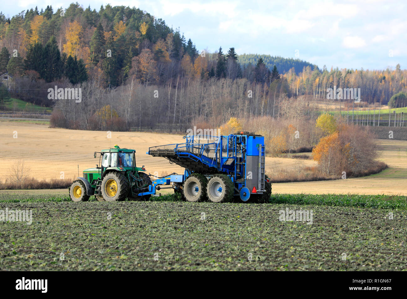 Salo, Finnland - 21. Oktober 2018: Bauern ernten Zuckerrüben mit John Deere 7700 Traktor und Edenhall 743 Harvester im Herbst im Süden Finnlands. Stockfoto