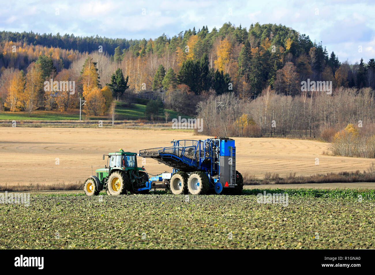 Salo, Finnland - 21. Oktober 2018: Bauern ernten Zuckerrüben mit John Deere 7700 Traktor und Edenhall 743 Harvester im Herbst im Süden Finnlands. Stockfoto
