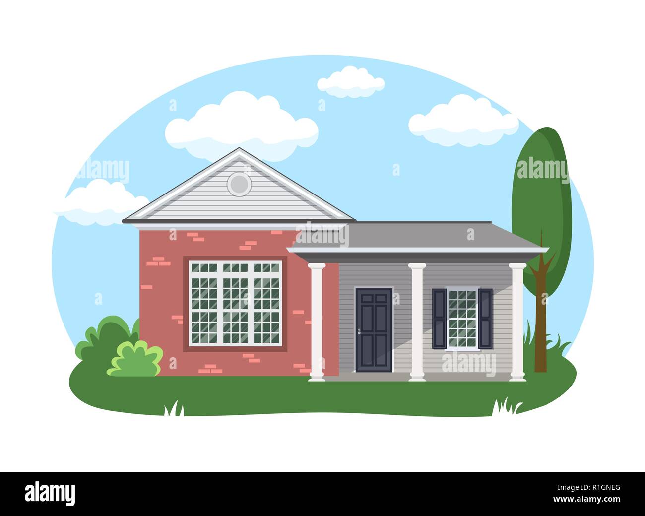 Cartoon Haus außen mit blauen bewölkten Himmel Front Home Architektur Konzept flache Design Stil. Vector Illustration der Fassade Gebäude Stock Vektor