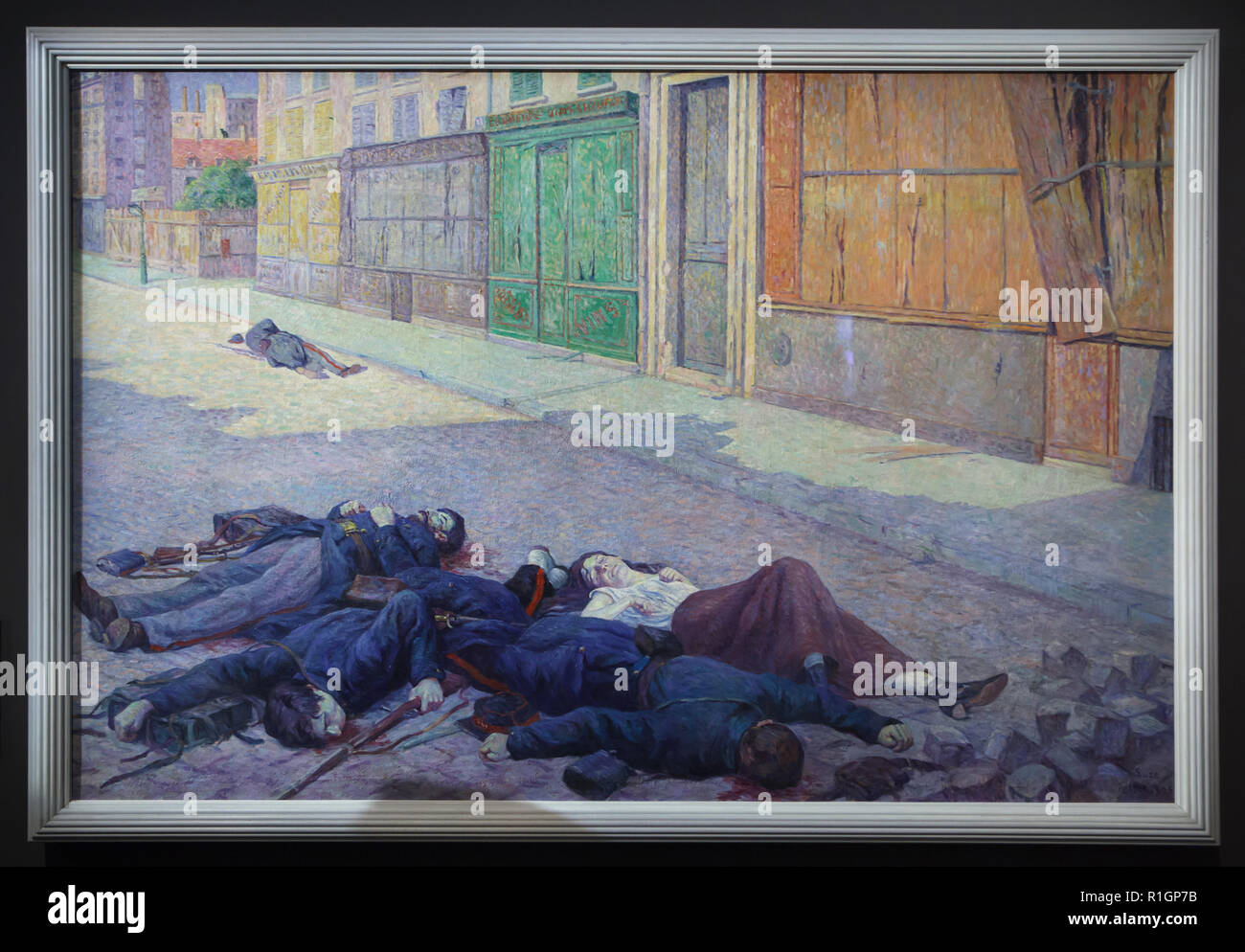 Gemälde "Straße in Paris im Mai 1871' ('La Commune') des Französischen neo-impressionistischen Maler Maximilien Luce (1903-1906), das auf dem Display im Musée d'Orsay in Paris, Frankreich. Stockfoto