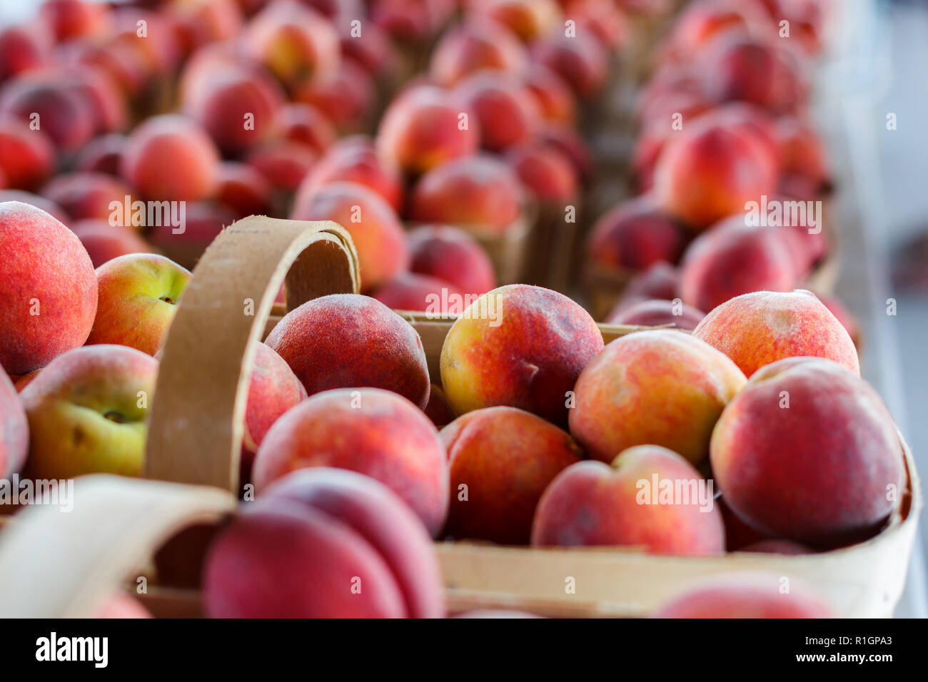 Körbe mit frischen Pfirsichen in einem Produzieren stehen Stockfoto