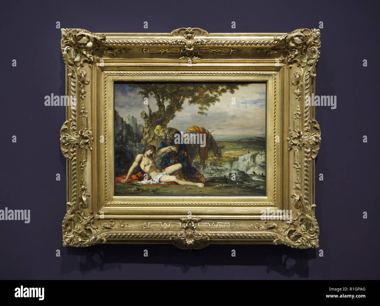 Gemälde "barmherzigen Samariter" durch die Französische symbolistische Maler Gustave Moreau (1870) im Pariser Musée d'Orsay, Frankreich. Stockfoto