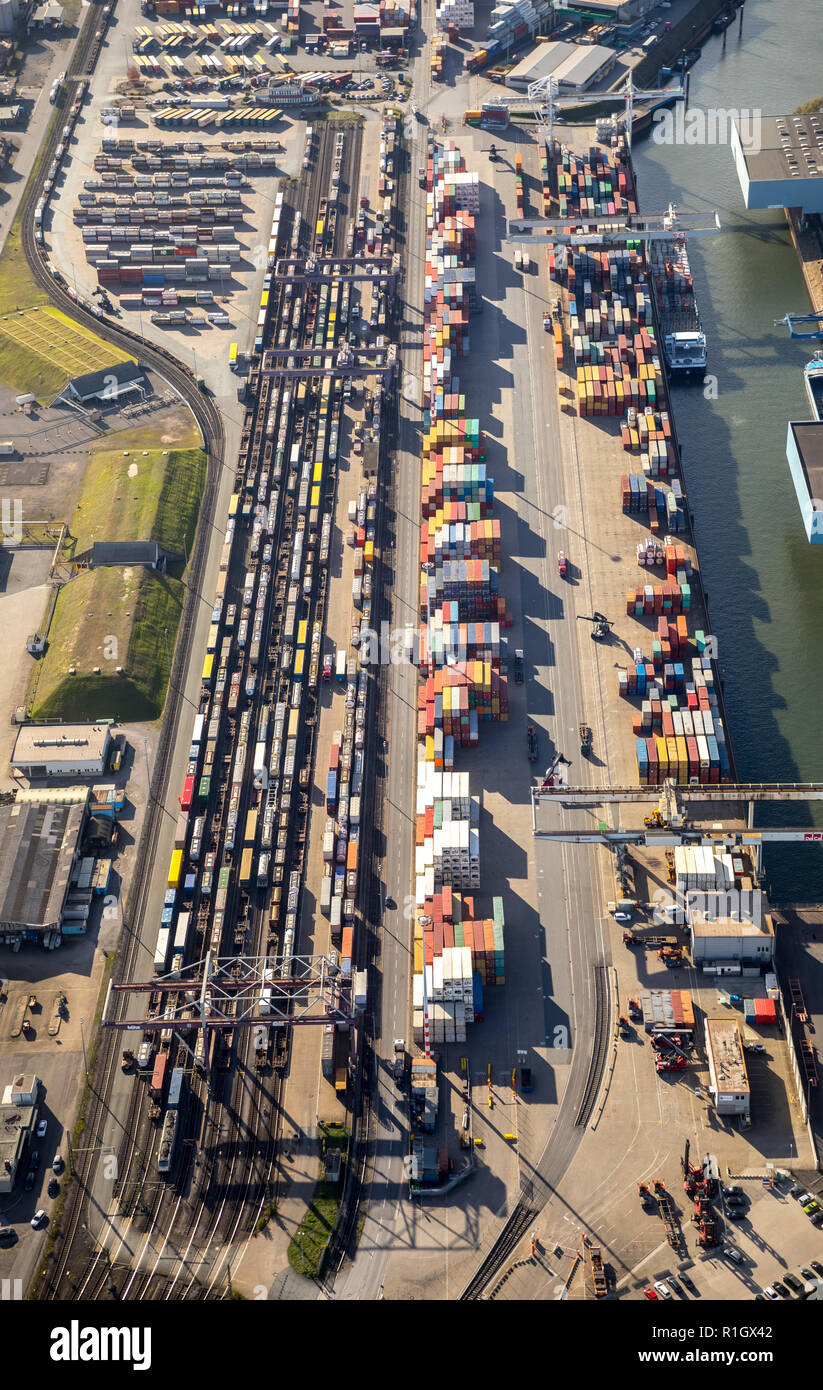 Luftaufnahme, Duisport, Duisburg Hafen, Logistik, Güterverkehr, Container, Container verladen, waren Transfer Point, Binnenschifffahrt, Kasslerfeld, Stockfoto