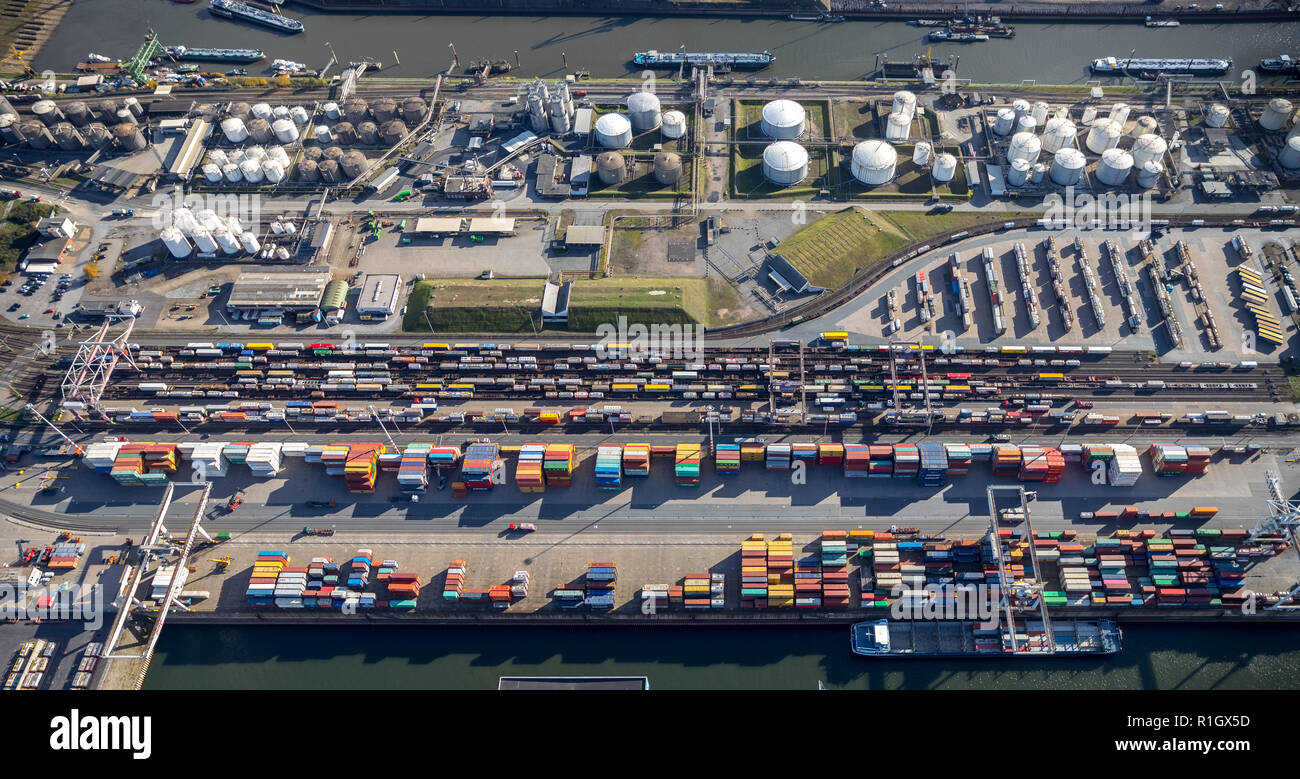 Luftaufnahme, Duisport, Duisburg Hafen, Logistik, Güterverkehr, Container, Container verladen, waren Transfer Point, Binnenschifffahrt, Kasslerfeld, Stockfoto