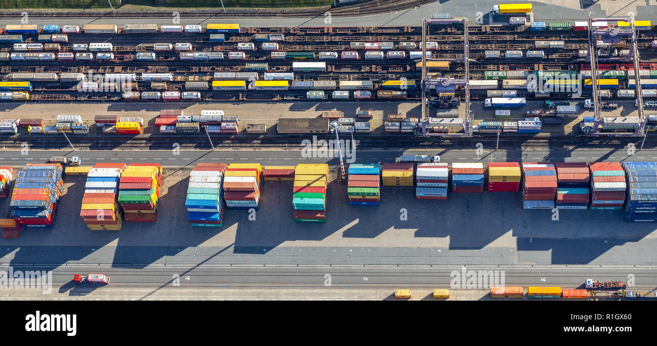 Luftaufnahme, Duisport, Duisburg Hafen, Logistik, Güterverkehr, Container, Container verladen, waren Transfer Point, Binnenschifffahrt, Kasslerfeld, Stockfoto