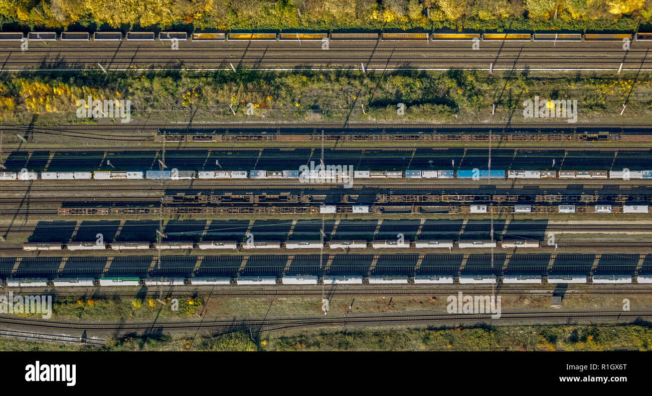 Luftaufnahme, Eisenbahn Autos auf DB-Strecken, Container Terminal der Bundesbahn, Duisport Duisburger Hafen, Logistik, Transport und Handel cent Stockfoto