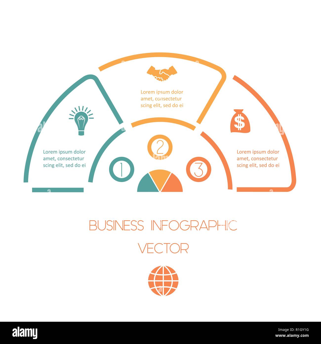 Halbkreis aus Linien infografik 3 Positionen. Vorlage mit Text. Stock Vektor