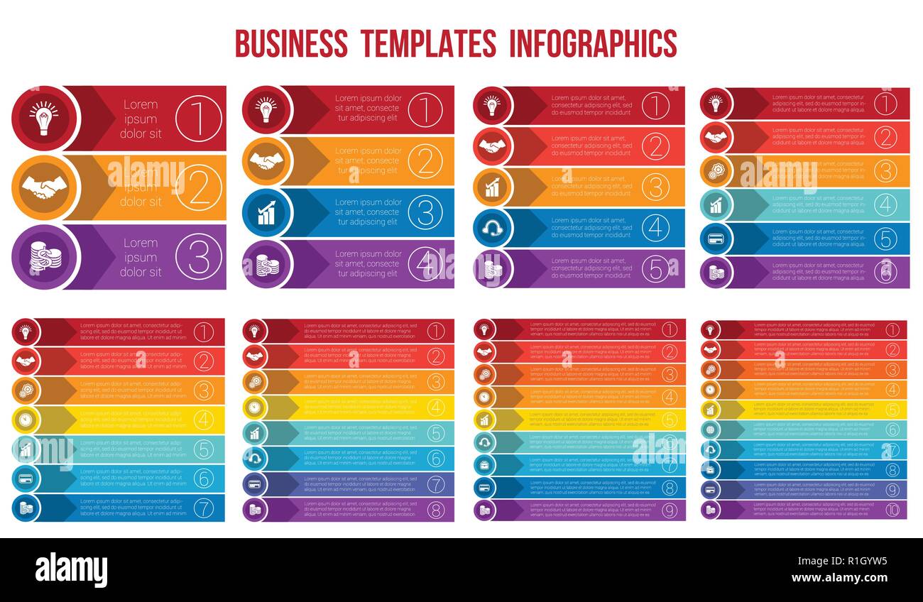 Vorlagen Infografiken aus Streifen, Pfeile, Kreise Business Konzept für 3,4,5,6,7,8,9,10 Positionen. Stock Vektor