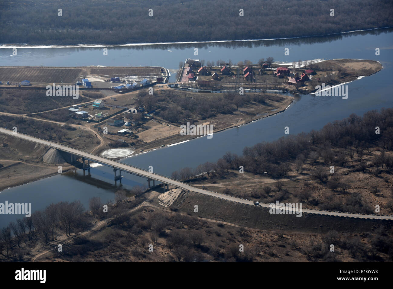 Die Wolga Delta River Luftaufnahme in Astrachan Gebiet, Russland Stockfoto