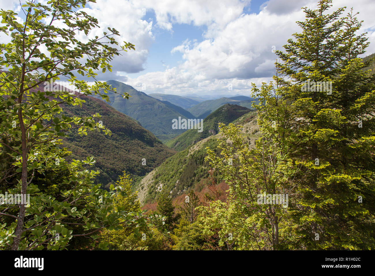Blick auf die Sibillinischen Berge im Frühling. Stockfoto