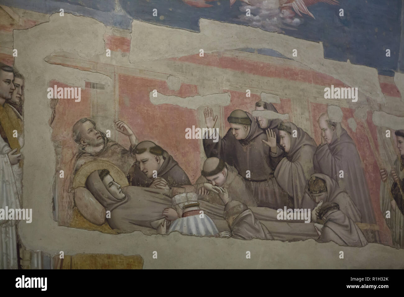 Der Tod des Heiligen Franz von Assisi. Fresko von italienischen Renaissance Maler Giotto di Bondone (1325) in der Cappella Bardi (Bardi Kapelle) in der Basilika di Santa Croce (Basilika des Heiligen Kreuzes) in Florenz, Toskana, Italien. Stockfoto