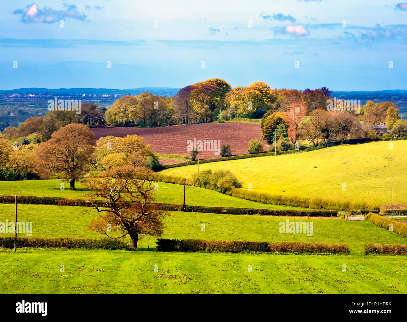 Blick über die Landschaft von Cheshire, als die ersten Anzeichen von Herbst sichtbar werden. Stockfoto