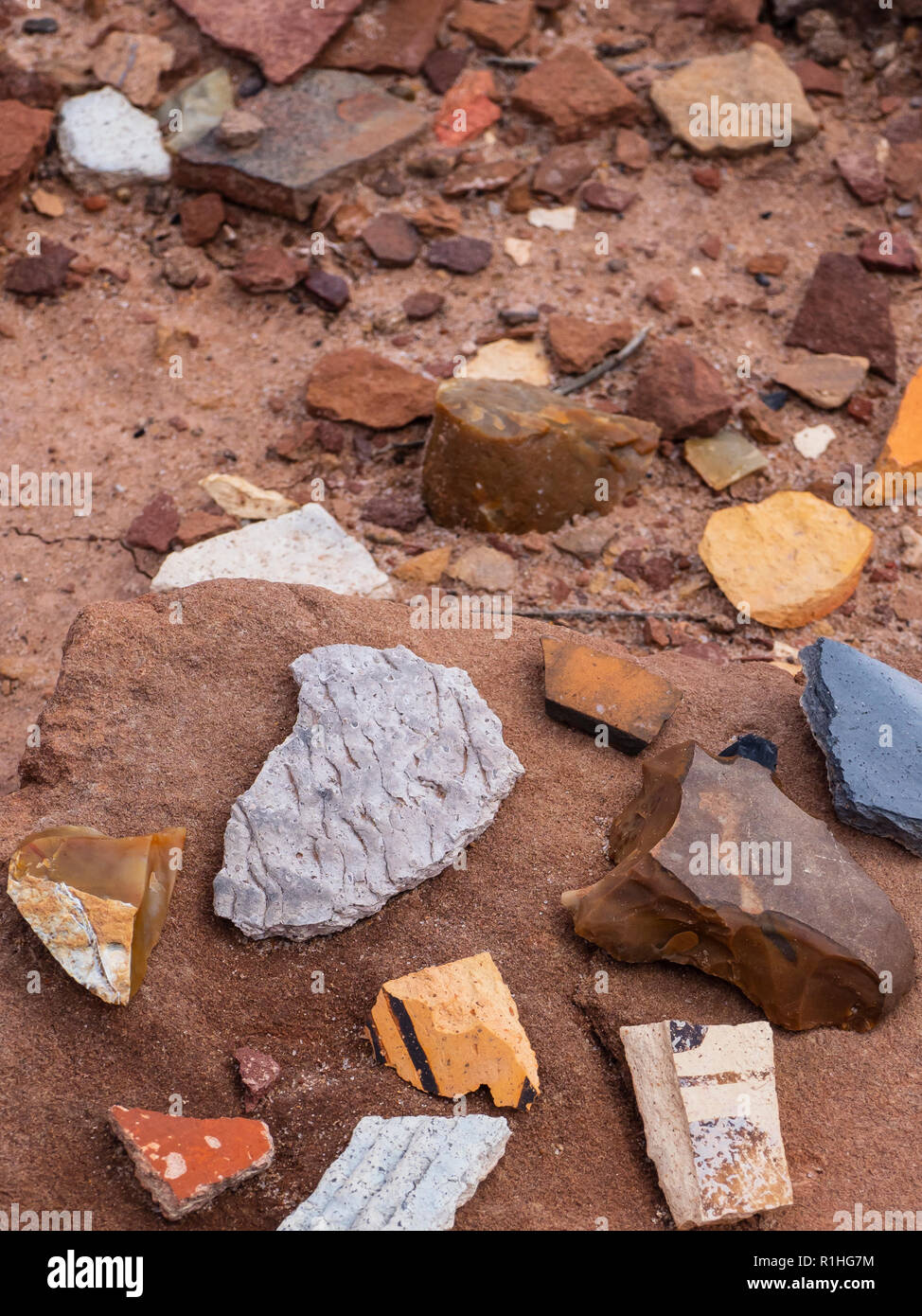 Keramikfragmente, Homolovi ich Ort, Homolovi Ruins State Park, Winslow, Arizona. Stockfoto