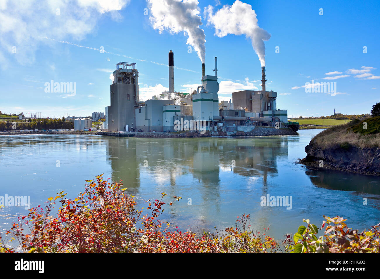 Ein horizontales Bild der Irving zellstofffabrik am Weltberühmten Reversieren fällt auf die Saint John River liegt im Stadtzentrum von Saint John Neue Brunswic Stockfoto