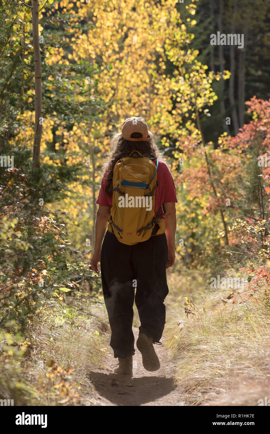 Frau wandern auf einem Trail im Eagle Cap Wüste, Oregon. Stockfoto