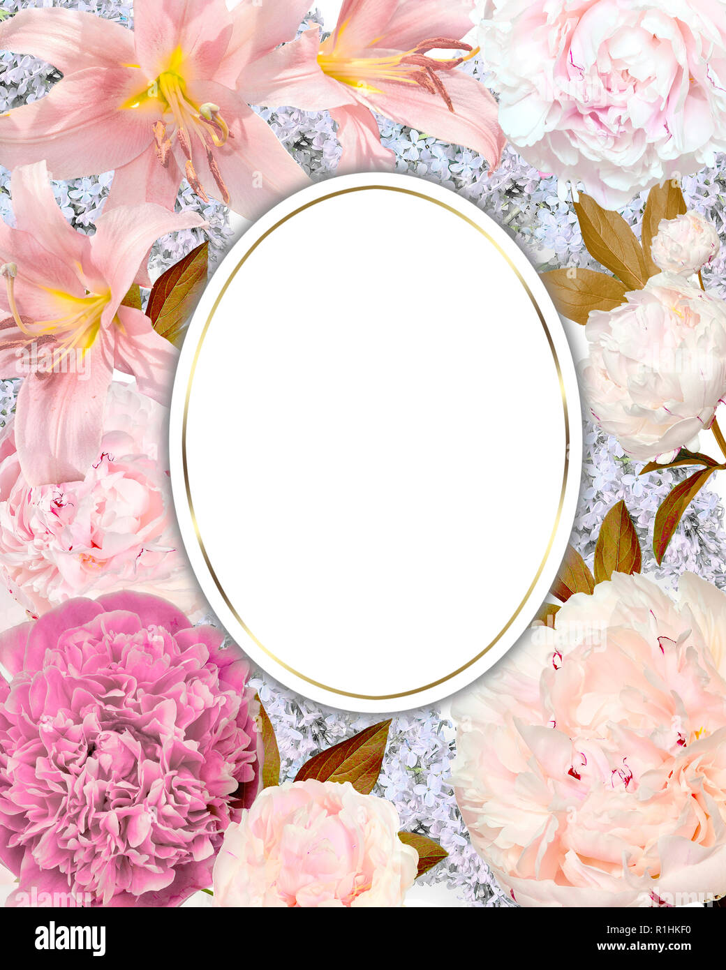 Jahrgang Frühling romantisch geblümten Rahmen mit sanftem Rosa Lilien, Pfingstrose Blüten mit Blättern und Lila. Festliche Hintergrund für Grußkarten, Einladungen, l Stockfoto