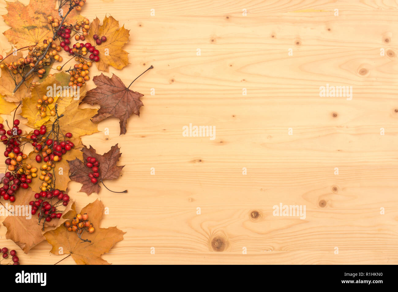 Herbst Hintergrund mit fallen lassen und Früchte auf hölzernen Tisch Stockfoto