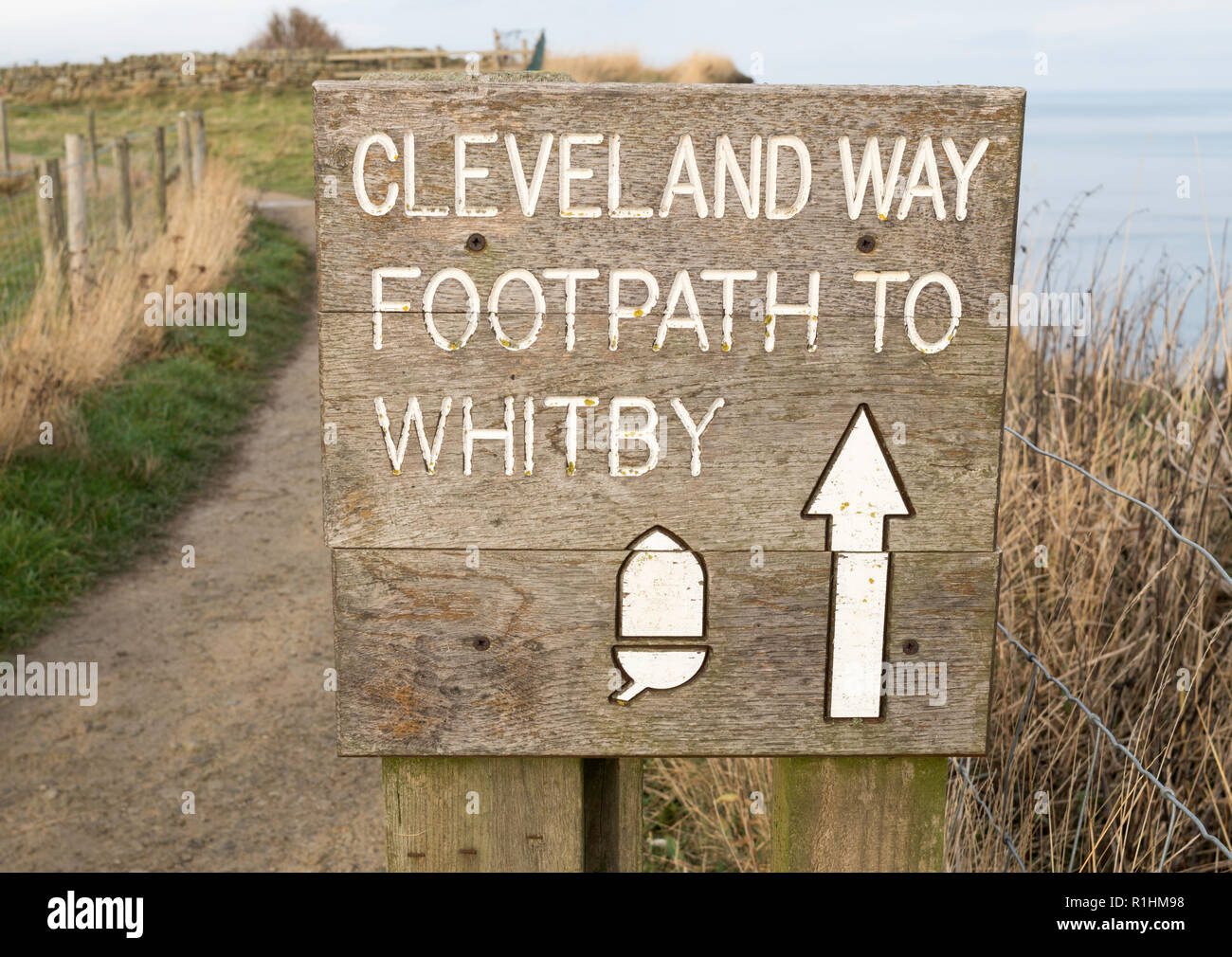 Cleveland Weg Wanderweg Zeichen südöstlich von Whitby, North Yorkshire, England, Großbritannien Stockfoto