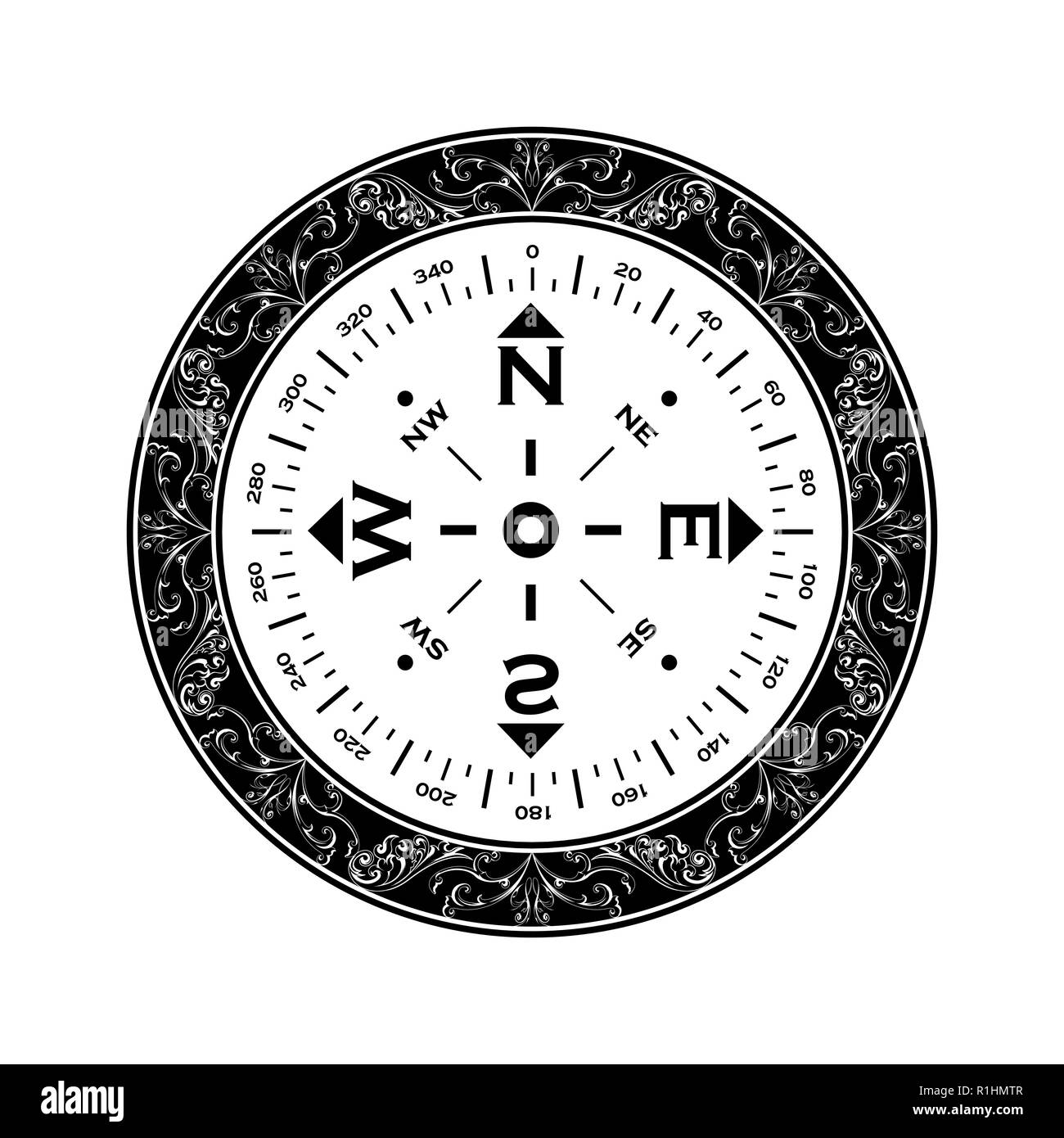 Schwarzer umriss Windrose Silhouette mit floralen Muster auf weißem Hintergrund Stock Vektor