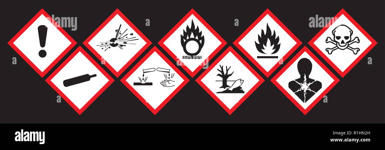 Gefahrensymbol GHS-Symbol gesetzt. Physikalische Gefahren, explosiven, brennbaren Oxidierend, Verdichtetes Gas, giftig, ätzend, gesundheitsschädlich, Gesundheit und Umwelt Stock Vektor