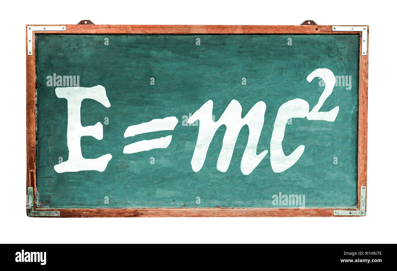 Einsteins Relativitätstheorie E=mc2 Gleichung Masse Energie Gleichwertigkeit auf der grünen alten Grunge vintage breiten hölzernen Tafel retro Tafel mit Verwitterten Stockfoto