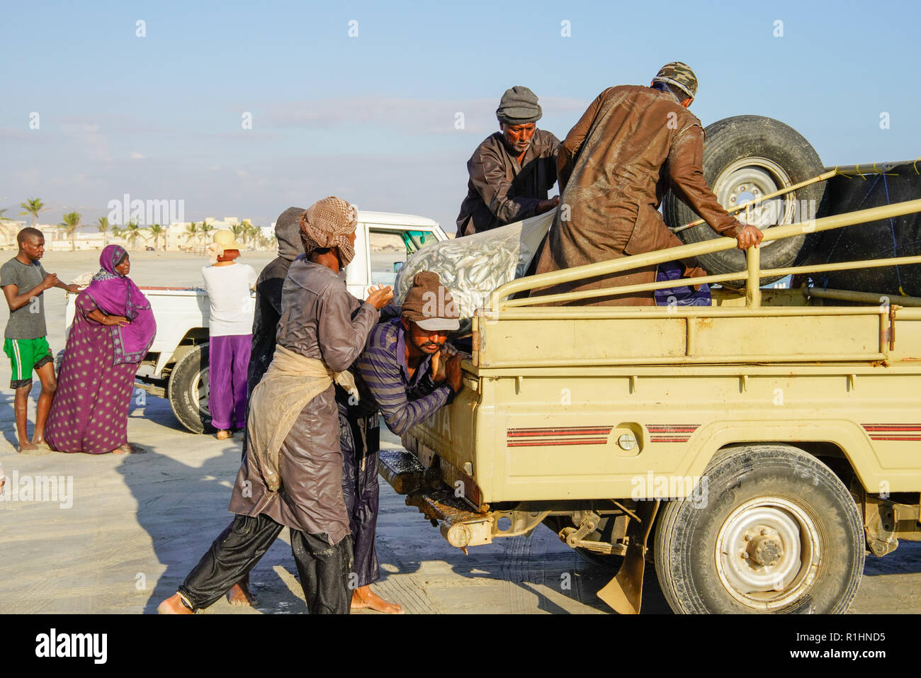 Die einheimischen Arbeiter laden frischen Fänge an die Stadt Markt in Taqah, Salalah, Oman befördert zu werden. Stockfoto