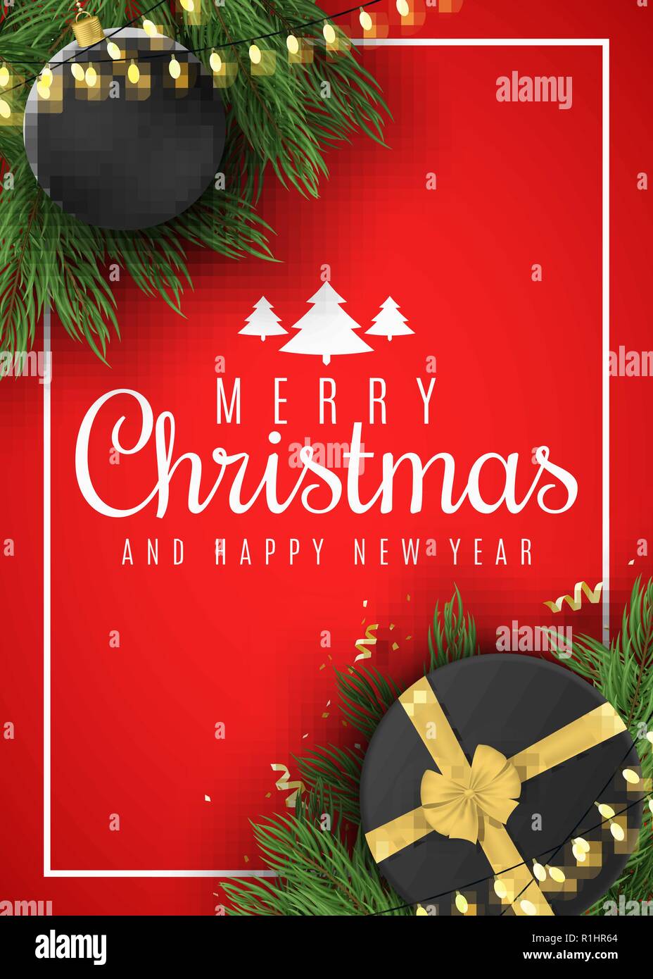 Weihnachten Grußkarte. Schwarze Geschenkbox mit Schleife und christmas ball. Konfetti mit Serpentine. Golden Lights aus der Girlande auf Tanne. Vector Illustration Stock Vektor