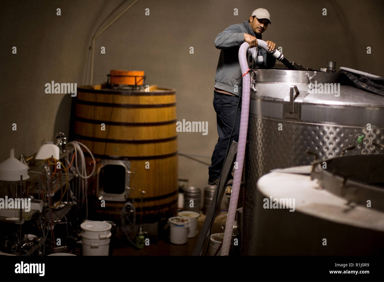 Männer Wein in der industriellen Fässer. Stockfoto