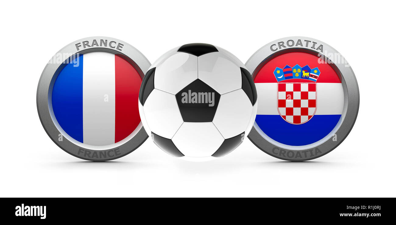 Embleme - Flaggen von Frankreich und Kroatien mit Fußball-auf-Weiß-isoliert, stellt Final World Cup 2018, 3D-Rendering, 3D-Darstellung Stockfoto