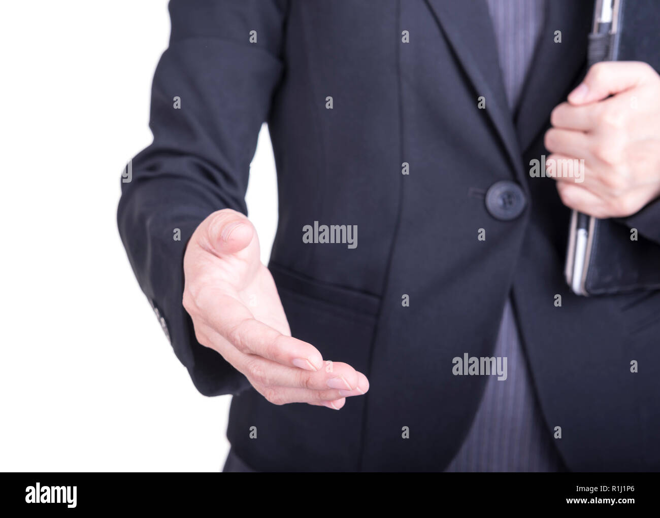 Business Frau mit einer offenen Hand bereit, auf einem weißen Hintergrund zu versiegeln. Stockfoto