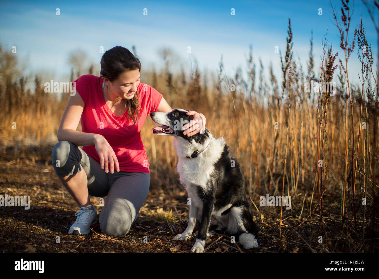 Lächelnden jungen Frau kniet und Haustiere Hund, wie Sie sich vorbereiten für einen Lauf in die Landschaft zu gehen. Stockfoto