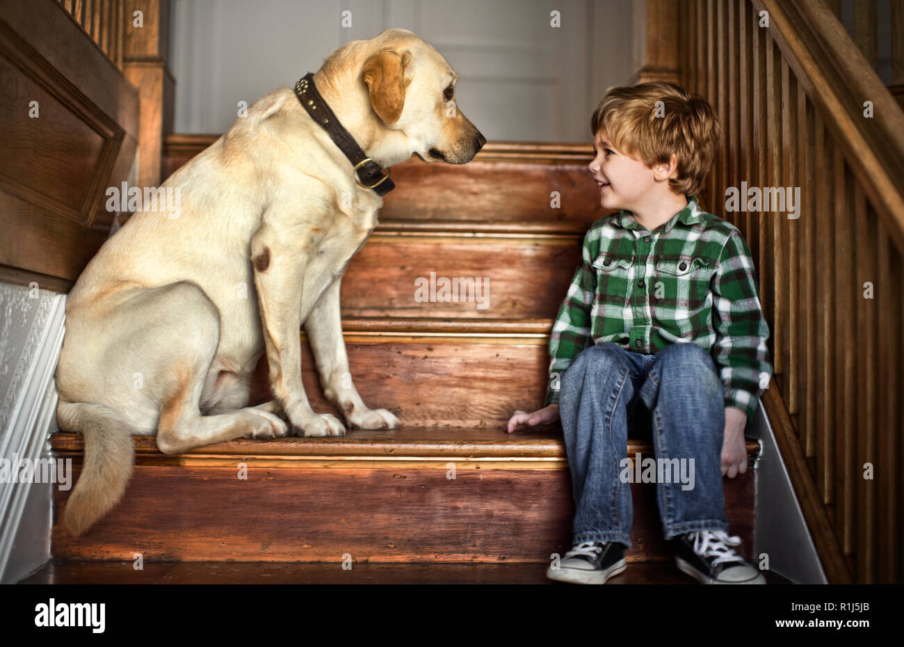 Junge Junge sitzt auf der Treppe mit seinem Hund. Stockfoto