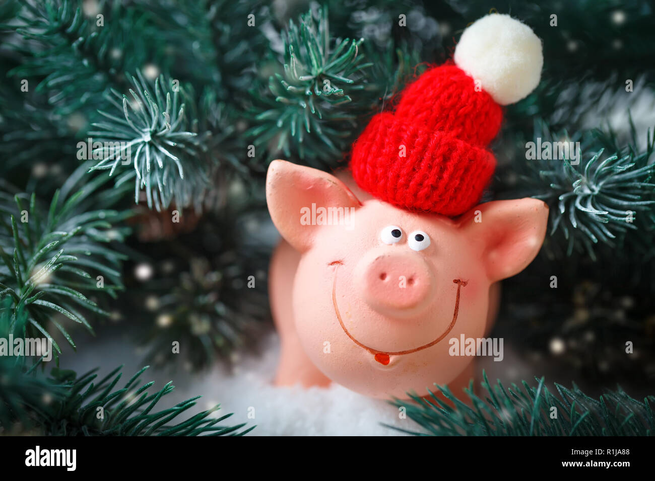 Frohe Weihnachten und guten Rutsch ins neue Jahr. Spielzeug Schwein in die  Zweige der Fichte. Hintergrund mit kopieren. Selektive konzentrieren  Stockfotografie - Alamy
