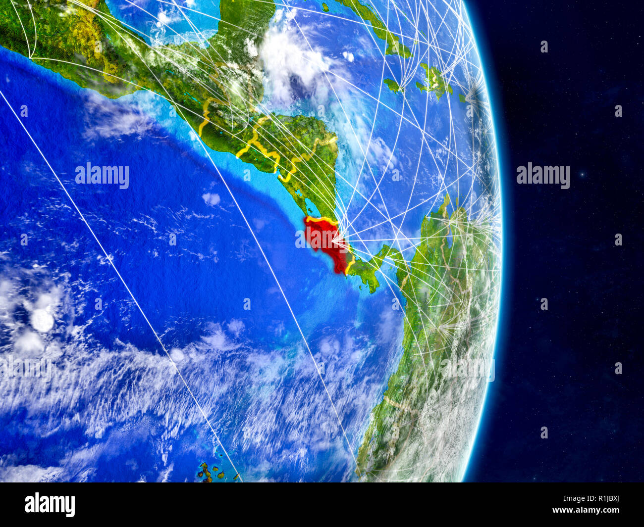 Costa Rica auf dem Planeten Erde mit Netzwerken. Extrem detaillierte Planeten und Wolken. 3D-Darstellung. Elemente dieses Bild von der NASA eingerichtet. Stockfoto