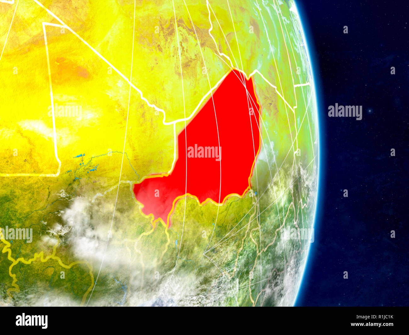 Niger auf dem Planeten Erde mit Netzwerken. Extrem detaillierte Planeten und Wolken. 3D-Darstellung. Elemente dieses Bild von der NASA eingerichtet. Stockfoto