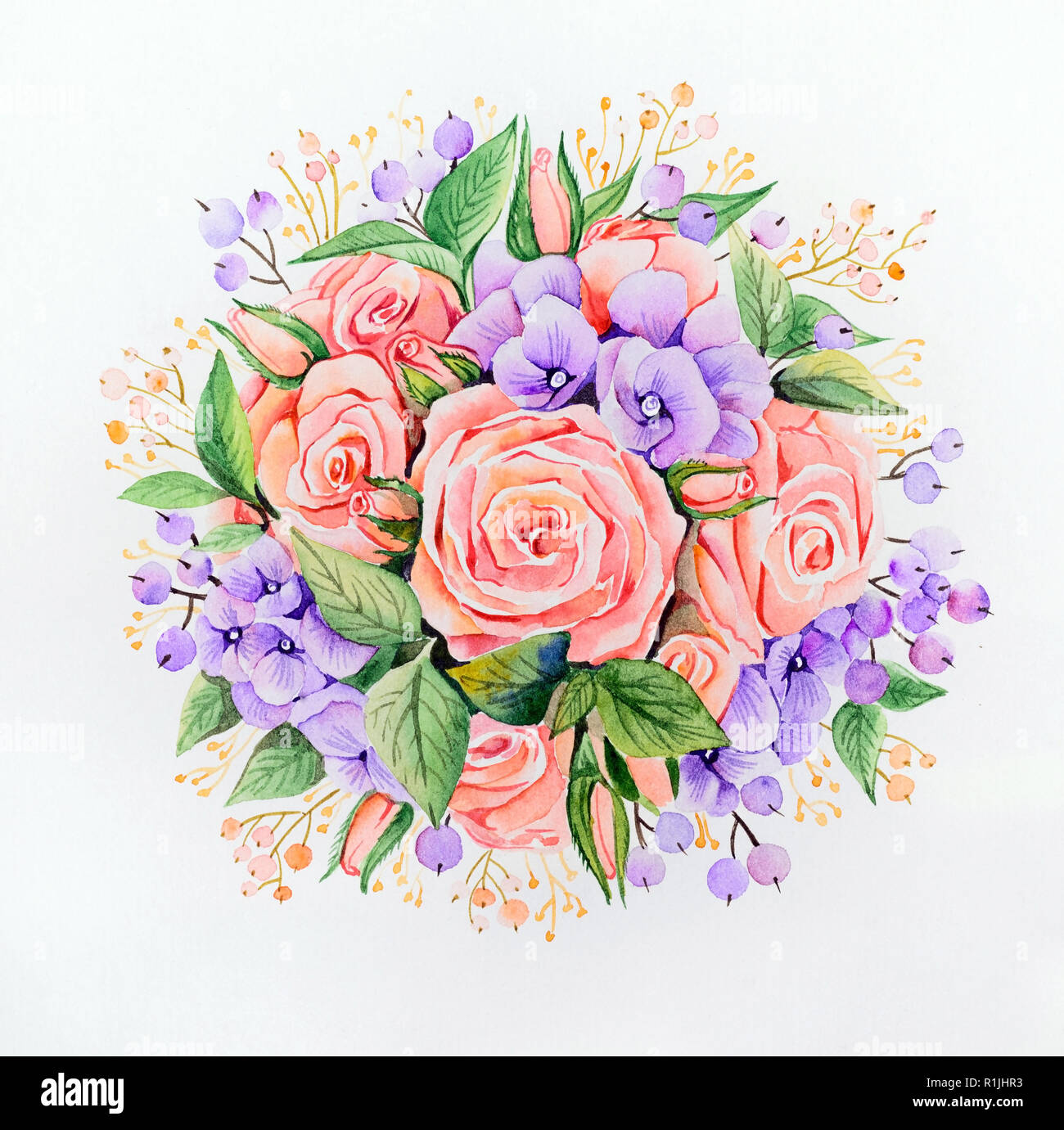 Blumenstrauß in der Form einer Kugel, links von Rosen und Flieder Hortensien und mit verschiedenen Arten von grünen Blättern dekoriert Stockfoto