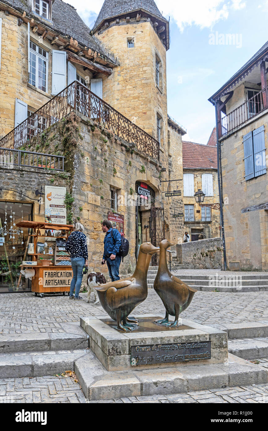 Die Gänse Marktplatz ist in einem wunderschönen alten Marktplatz in der mittelalterlichen Stadt Sarlat la Canéda Stockfoto