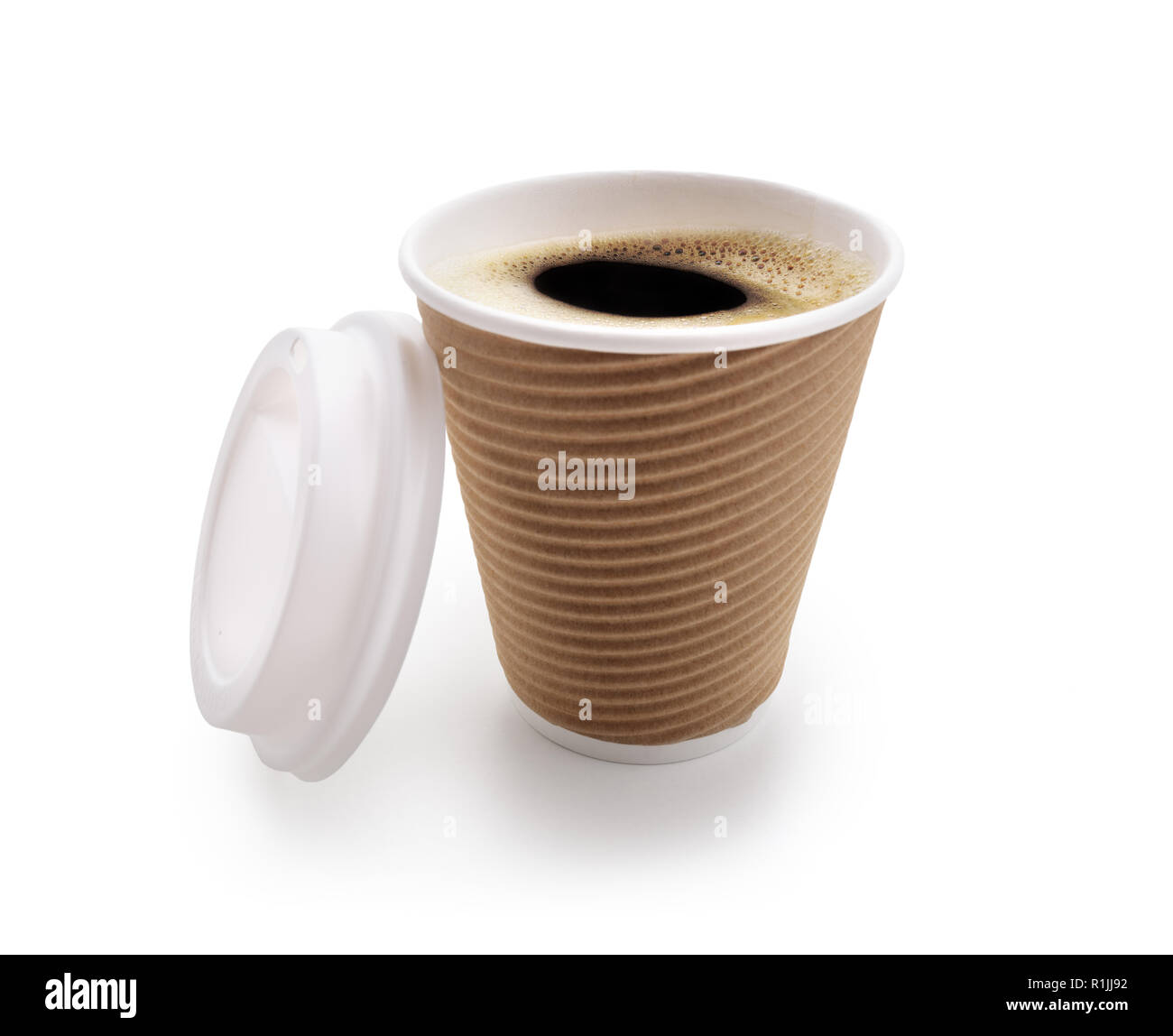 Kaffee nehmen Sie verfügbare Cup auf weißem Hintergrund Stockfoto