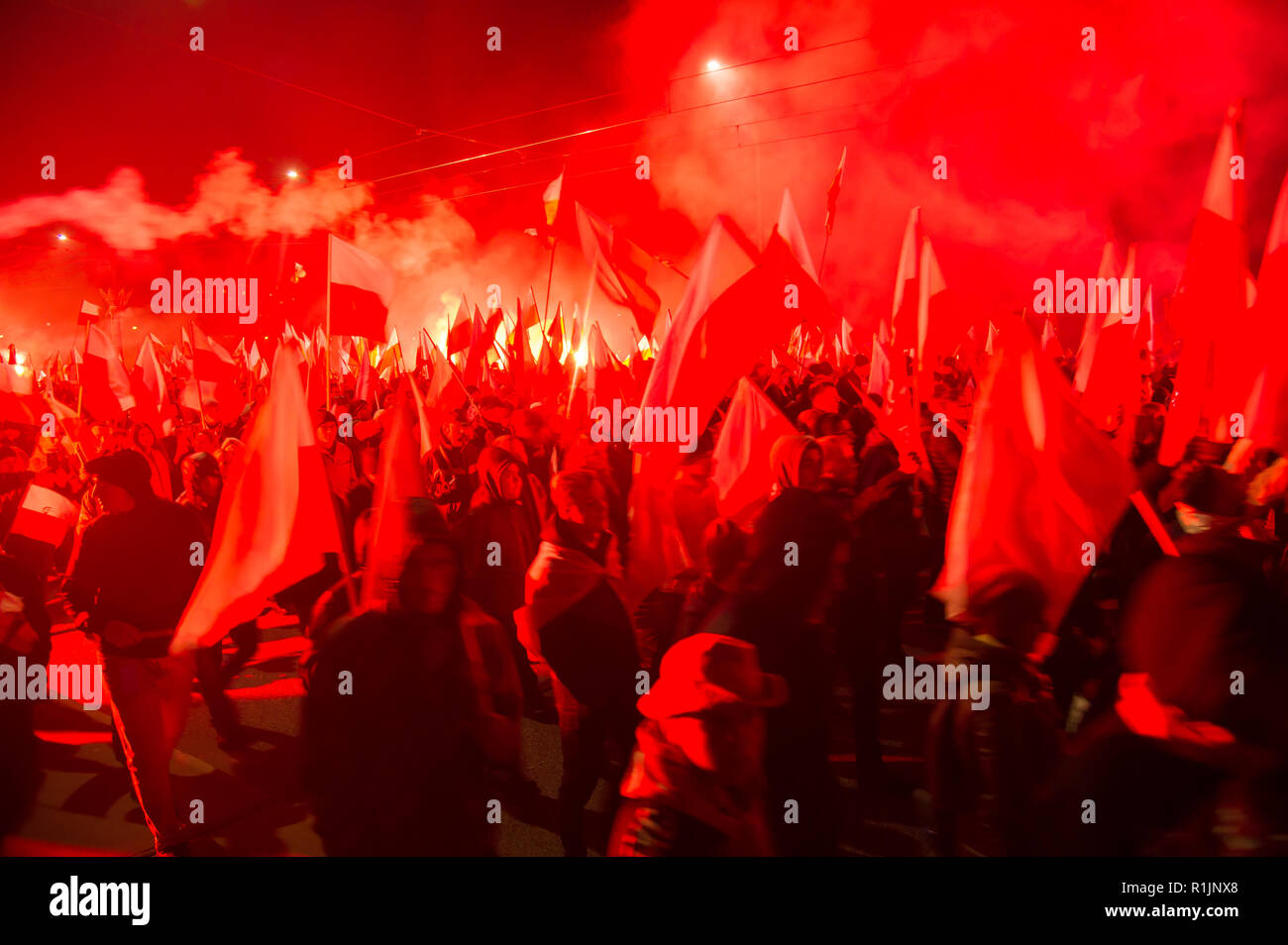 Jährliche März der Unabhängigkeit im Jahr 2011 die von der extremen Rechten nationalen radikalen Lager (ONR) und der Allpolnischen Jugend (Mlodziez Wszechpolska) Po feiern Stockfoto