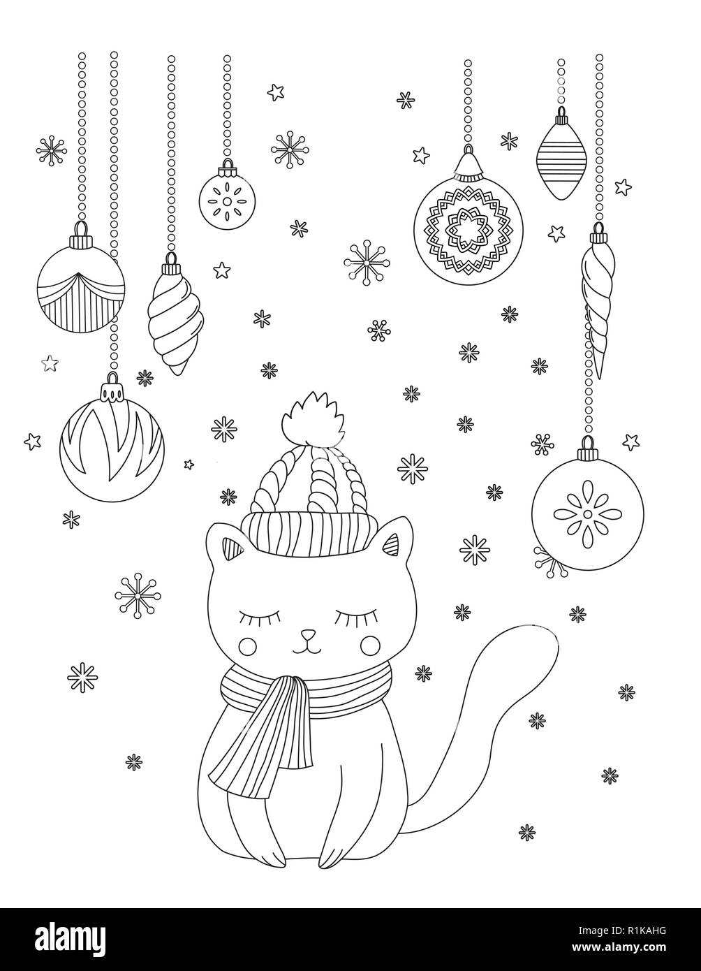 Weihnachten Malseite für Kinder und Erwachsene. Süße Katze mit Schal und Mütze gestrickt. Hand Vector Illustration gezeichnet. Stock Vektor