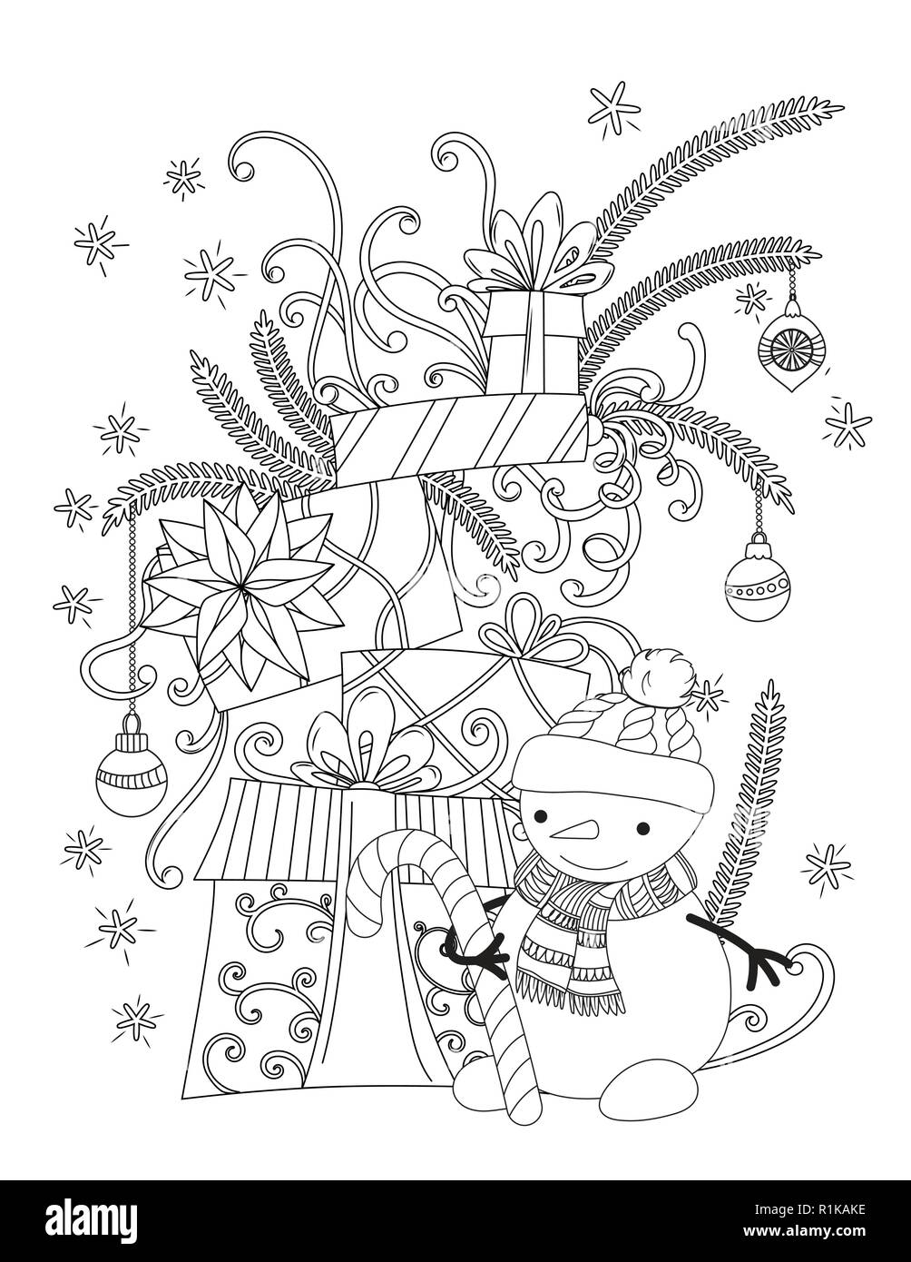 Weihnachten Malseite für Kinder und Erwachsene. Süße Schneemann mit Schal und Mütze gestrickt. Stapel von Urlaub präsentiert. Hand Vector Illustration gezeichnet. Stock Vektor