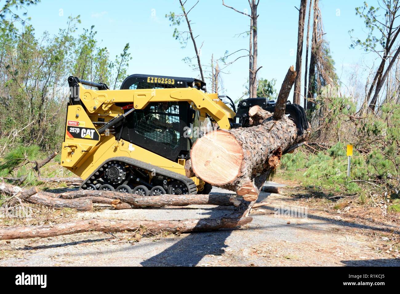 Staff Sgt. Alex Spano, elektrische Facharbeiter aus der 202. Geben Sie der Camp Blanding, Fla., verwendet ein kompaktlader einen umgestürzten Baum auf Debi Straße im Bayou George Bereich von Panama City Okt. 14, 2018 zu löschen. Die GEBEN Sie auf Für ihr Know-how in der effizienten Route clearing genannt nach dem Hurrikan Michael durch kamen. Stockfoto