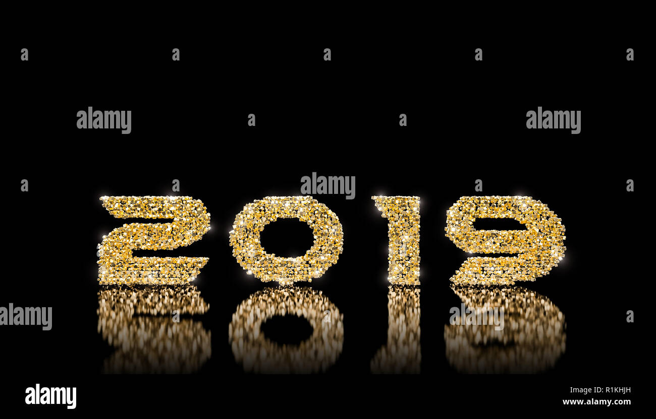 Glänzend golden 2019 Hintergrund auf Schwarz 3D Rendering image Stockfoto