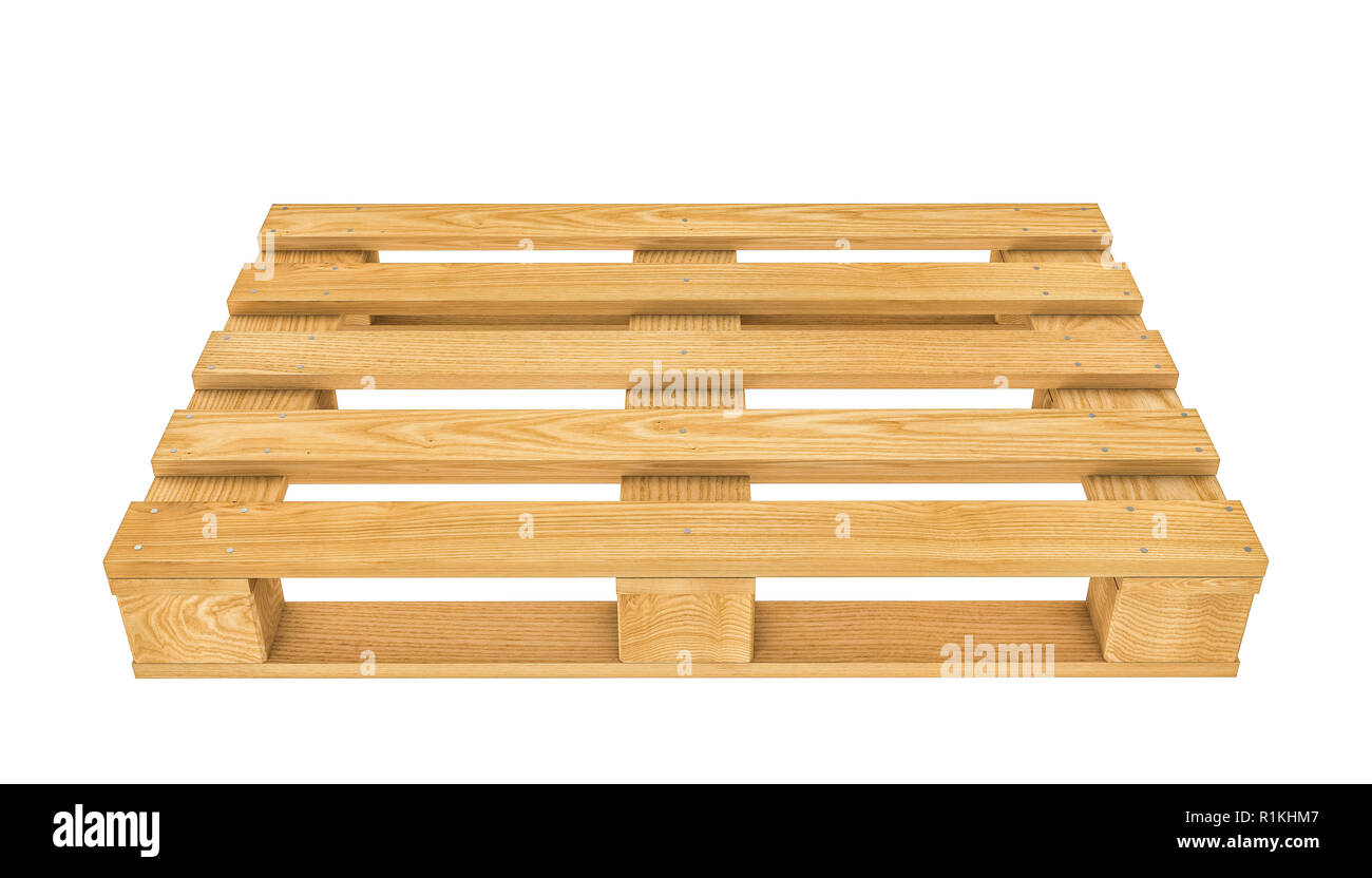 3D-Rendering der klassischen Holzpalette auf weißem Hintergrund Stockfoto