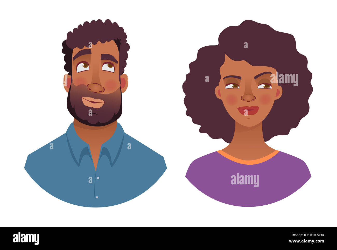 Portrait der afrikanischen Mann und Frau. Gefühle der afrikanischen amerikanischen Frau Gesicht. Mimik Männer Abbildung Stockfoto