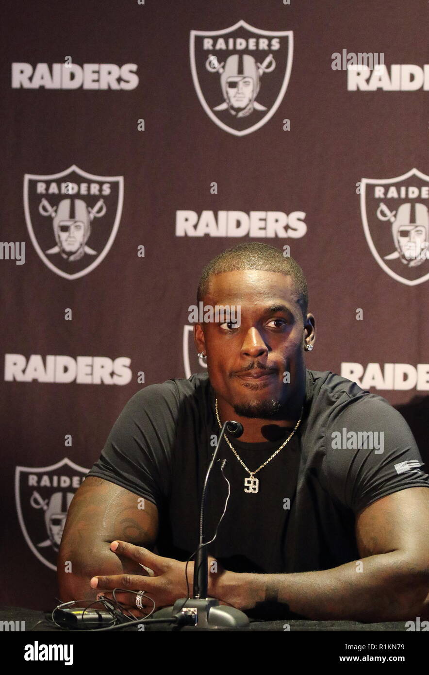 Oakland Raiders Pressekonferenz im Hilton London, Wembley, Großbritannien vor ihren NFL UK Internationale Reihe Spiel vs Seattle Seahawks, Wembley Stadion, London Mit: Tahir Whitehead Wo: London, Vereinigtes Königreich, wenn: 12 Okt 2018 Credit: WENN.com Stockfoto