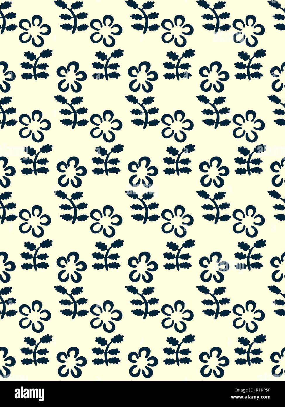 Indigo Holzschnitt gedruckt Nahtlose floralen Muster. Vektor ethnischen Ornament, traditionelle russische Motiv mit Blumen, navy blue auf ecru Hintergrund. Stock Vektor